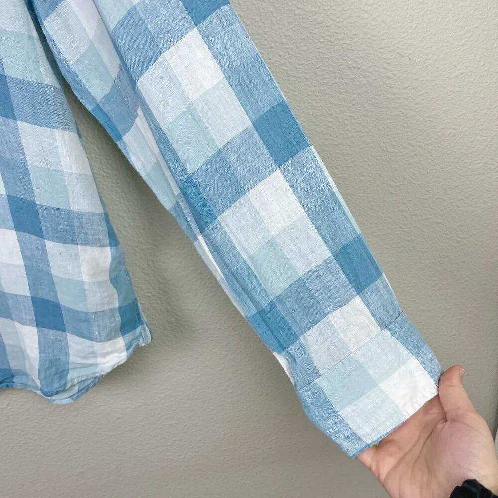 Banana Republic Men's Large Camden Fit 100% Linen Plaid Shirt Collare Button Blu